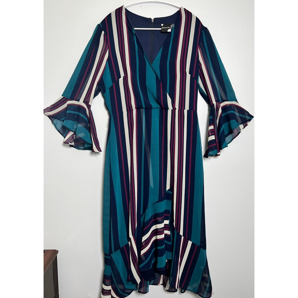 Maison Tara Womens Striped Faux Wrap Midi Dress Teal Navy Bell Sleeve Size 8 - Picture 2 of 11